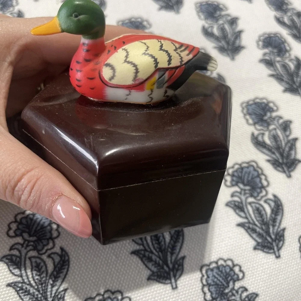 Vintage Duck Topper  Plastic‎ Hexagon Shaped Trinket Box  Rustic Trinket Storage